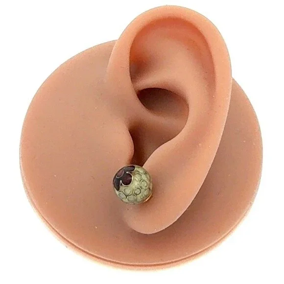 Estate Designer 14k Yellow Gold Round Enamel Red Flower Ball Stud Earrings